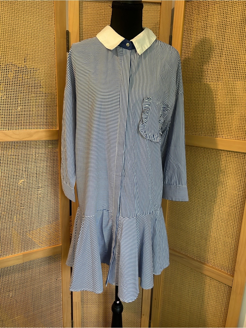 English Factory Stripe Shirt Dress M NWOT White Collar Ruffle Hem Drop Waist